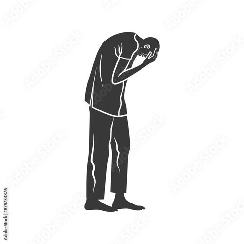 Monochromatic Illustration: Man in Grief, Head Bowed in Despair