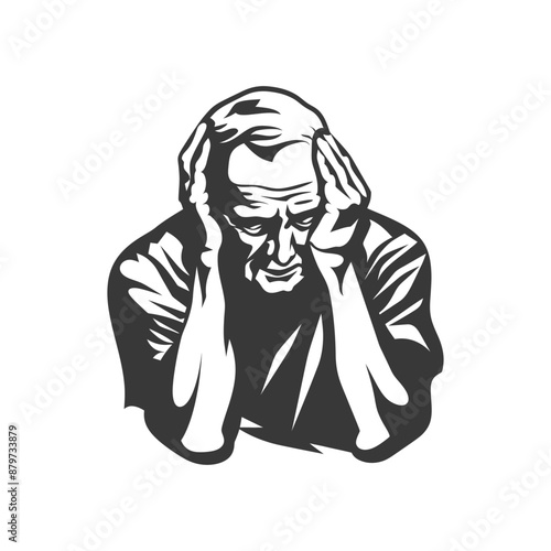 Monochrome Illustration of Elderly Man in Distress, Hands Clasping Head