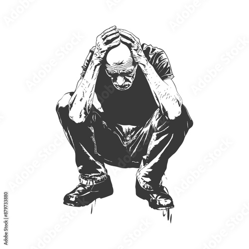 Despair and Defeat:  Hand-Drawn Illustration of a Bald Man in Anguish