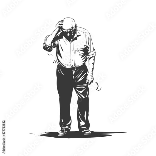 Pen-and-Ink Illustration of Elderly Man, Head in Hand, Showing Distress