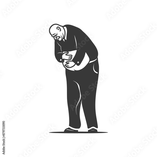 Elderly Man Clutching Stomach, Vintage Style Illustration