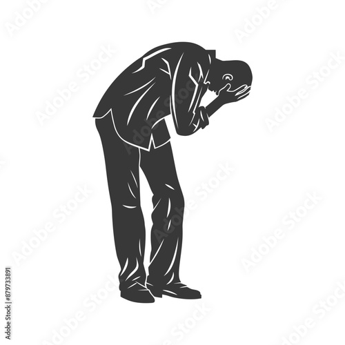 Silhouette of Man in Despair, Hands Covering Face, Minimalist Illustration