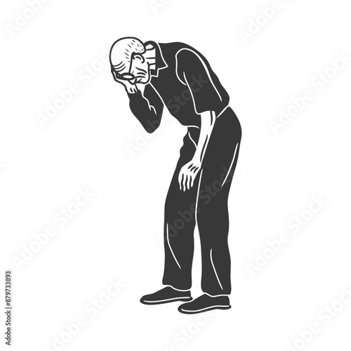 Elderly Man in Distress, Hand to Head, Monochrome Illustration