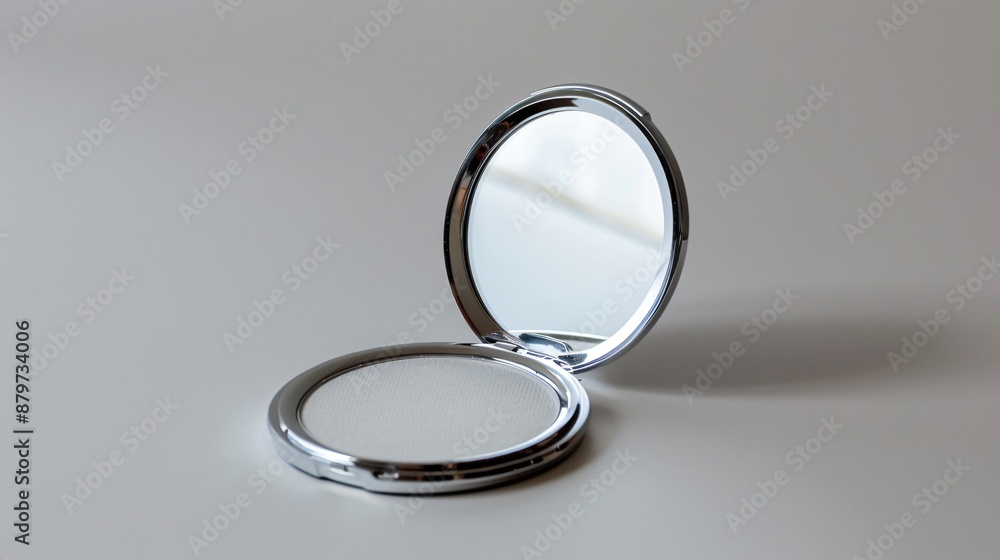 A plain, white background with a single, minimalist compact mirror open to reveal a reflection A plain, white background with a single, minimalist compact mirror open to reveal a reflection