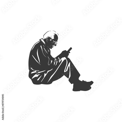Elderly Man, Monochrome Illustration, Seated, Smartphone