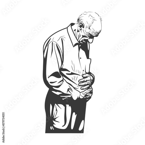 Elderly Man in Pensive Posture, Black and White Illustration