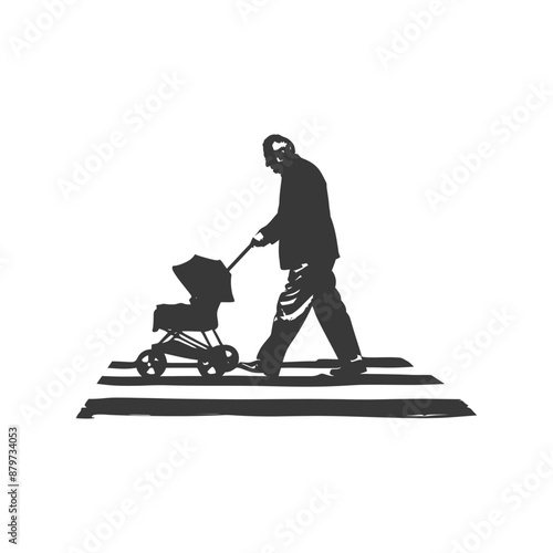Silhouette of Elderly Man Pushing Empty Pram Across Crosswalk