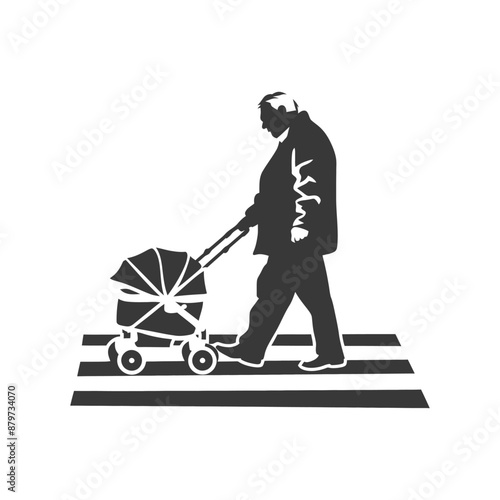 Silhouette of Elderly Man Pushing Stroller Across Pedestrian Crossing
