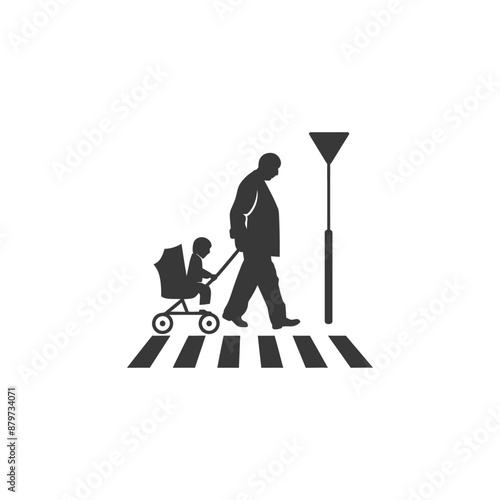 Grandfather Pushing Stroller Across Crosswalk, Simple Silhouette Icon
