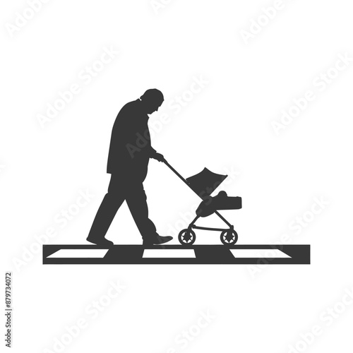 Silhouette of Elderly Man Pushing Baby Stroller Across Crosswalk