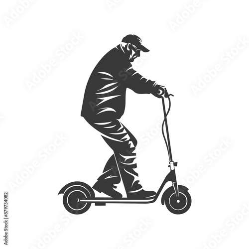 Silhouette of Senior Man Riding a Scooter: Vintage Style Vector Illustration