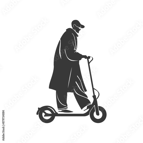 Stylish Senior in Long Coat Riding Electric Scooter Silhouette
