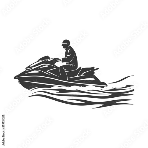 Monochromatic Jetski Rider Silhouette, Dynamic Water Wake
