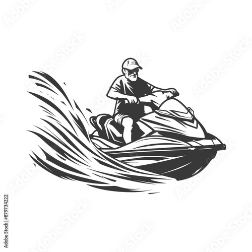 Vintage Style Jet Ski Rider, Monochrome Illustration