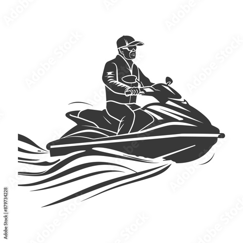 Monochrome Illustration: Man on a Jet Ski, Dynamic Water Spray
