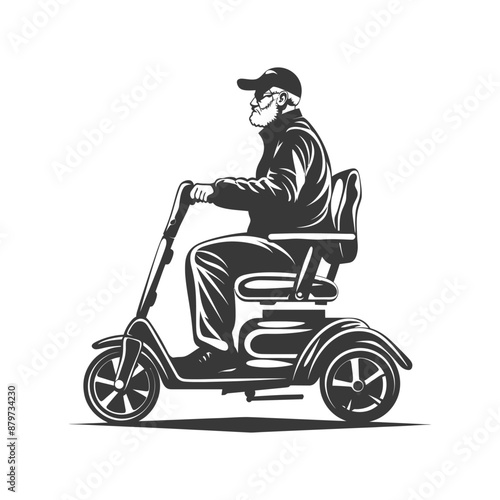 Senior Man in Face Mask on Three-Wheeled Mobility Scooter, Vintage Style Illustration