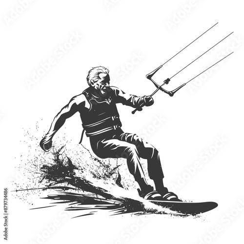 Senior Kitesurfer: Monochrome Action Illustration