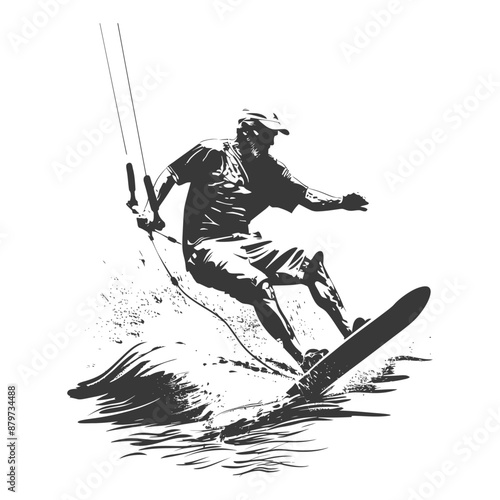 Monochrome Action Shot: Kitesurfer Riding a Wave