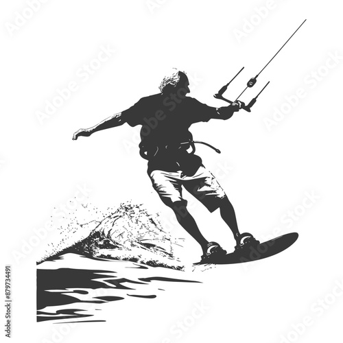 Silhouette of Kitesurfer Riding Wave, Dynamic Action Illustration