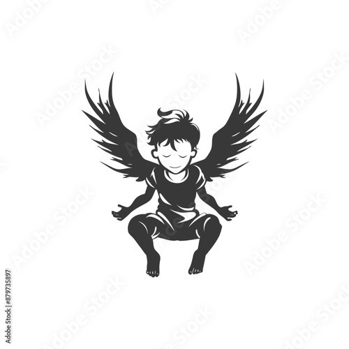minimalist logo or symbol for flying little boy black color only