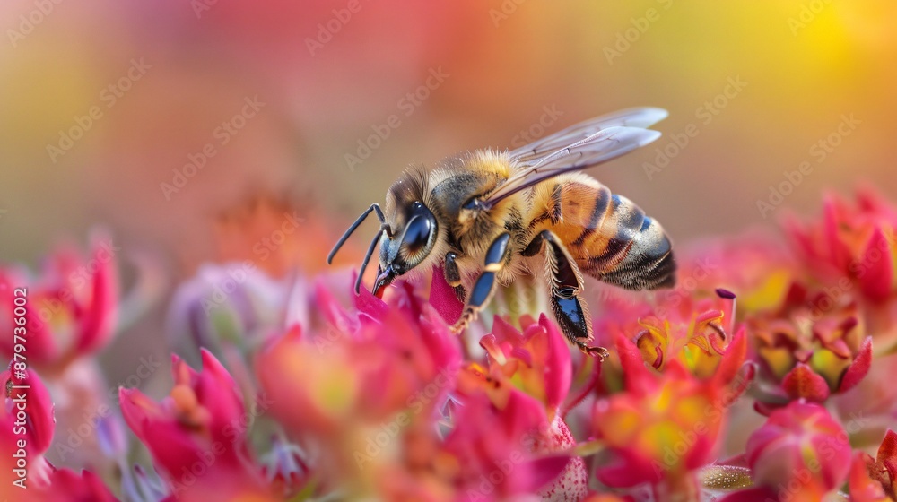 Macro shot of a honeybee collecting nectar from a colorful flower, with the texture of its wings and body clearly shown Macro shot of a honeybee collecting nectar from a colorful flower, with the texture of its wings and body clearly shown