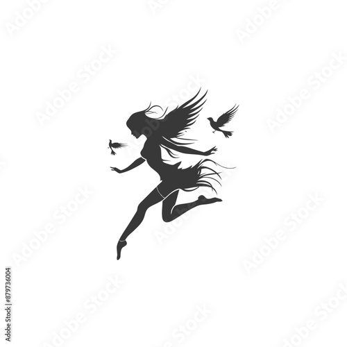 minimalist logo or symbol for flying little girl black color only