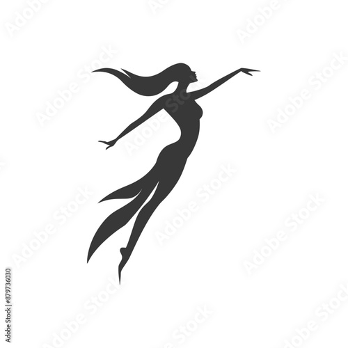 minimalist logo or symbol for flying woman black color only
