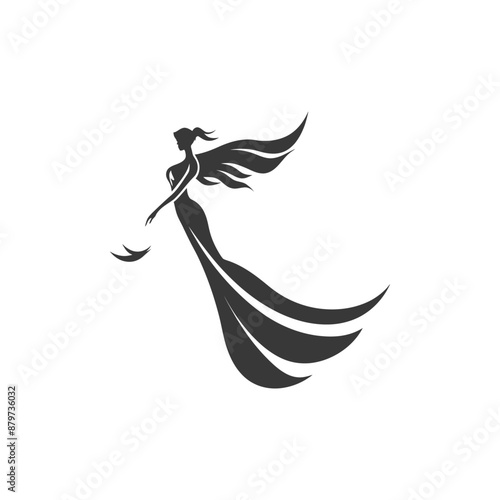 minimalist logo or symbol for flying woman black color only