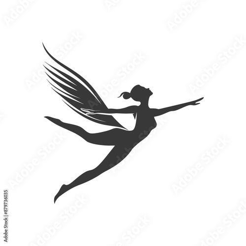 minimalist logo or symbol for flying woman black color only