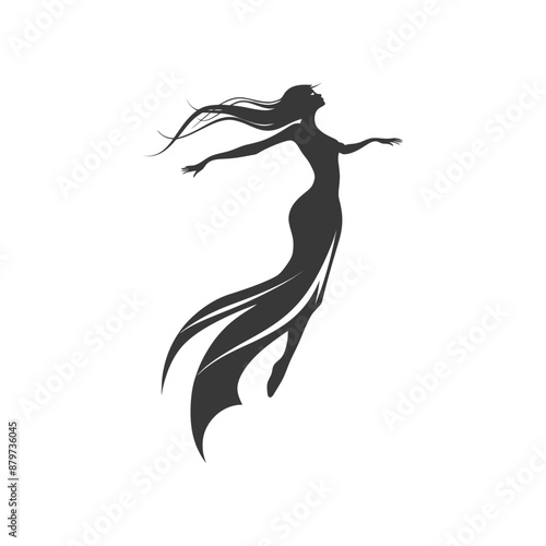 minimalist logo or symbol for flying woman black color only