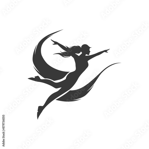 minimalist logo or symbol for flying woman black color only