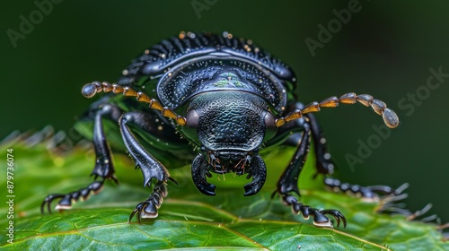 Macro view of a beetle on a leaf, emphasizing the texture and pattern of its hard shell photo