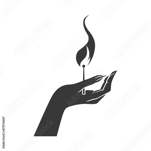 minimalist logo or symbol for hand holding burning match black color only