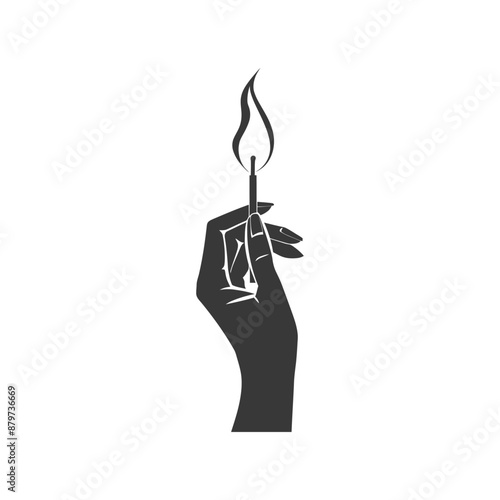 minimalist logo or symbol for hand holding burning match black color only