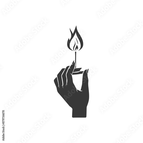 minimalist logo or symbol for hand holding burning match black color only