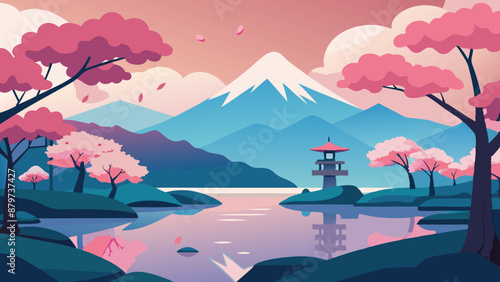 A pink blossom forest with a pond, cherry trees, mountains, and a Japanese garden with a lake, sakura, and rock cartoon background
