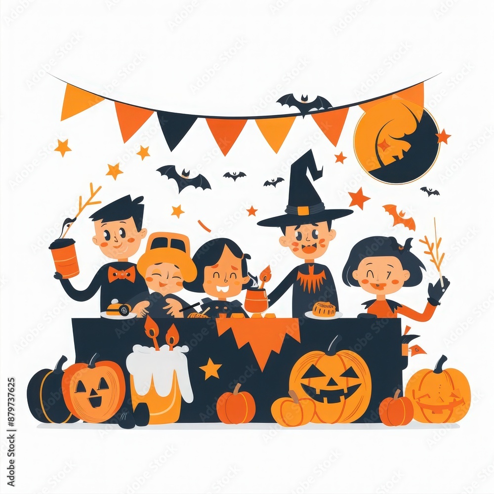 A group of children enjoying a fun and festive Halloween party with decorations, pumpkins, and costumes around them. A group of children enjoying a fun and festive Halloween party with decorations, pumpkins, and costumes around them.