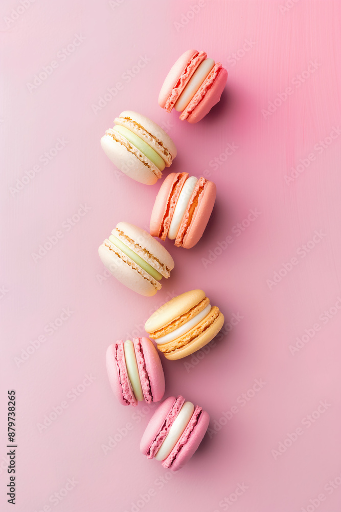 Yellow, pink and orange macarons on pink painted background, top view, flat lay, closeup, Generative AI Yellow, pink and orange macarons on pink painted background, top view, flat lay, closeup, Generative AI