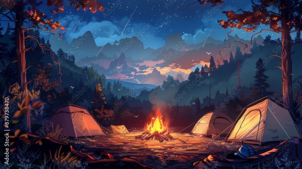 A campfire glowing under a starlit sky, surrounded by tents pitched A campfire glowing under a starlit sky, surrounded by tents pitched