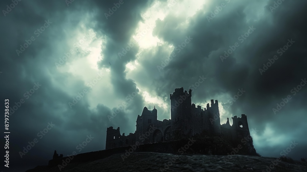 Fototapeta premium A castle stands on a hill, silhouetted against the backdrop of storm clouds.