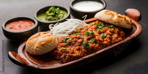 Delicious Pav Bhaji Platter Mashed Veggies, Fragrant Spices, and Buttery Pav. Concept Indian Cuisine, Street Food, Vegetarian Dish, Mumbai Special, Spicy Delight