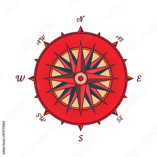 Vintage marine wind rose, nautical chart. Colorful navigational compass with cardinal directions of North, East, South, West. Geographical position, cartography and navigation. Vector illustration