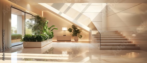 luxury villa interior design illustration of modern entrance hall with staircase perfect for high-end home and architectural designs