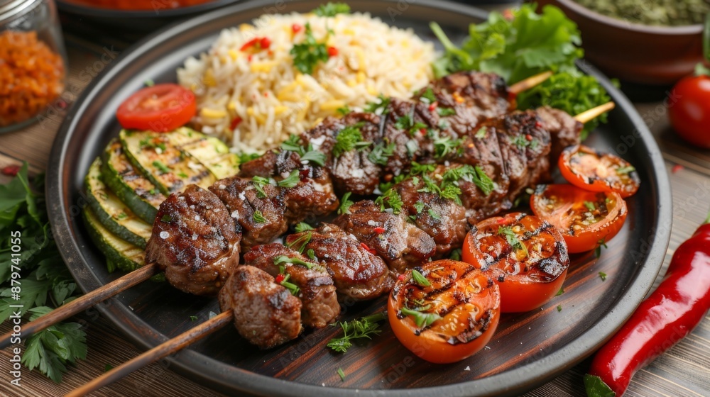 Turkish kebab plate with grilled meat skewers, rice pilaf, and grilled vegetables. Turkish kebab plate with grilled meat skewers, rice pilaf, and grilled vegetables.