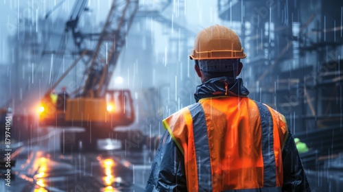 A construction worker maintains safety protocols and secures job sites during thunderstorms and heavy rainfalls during bad weather, ensuring workplace safety and project continuity.