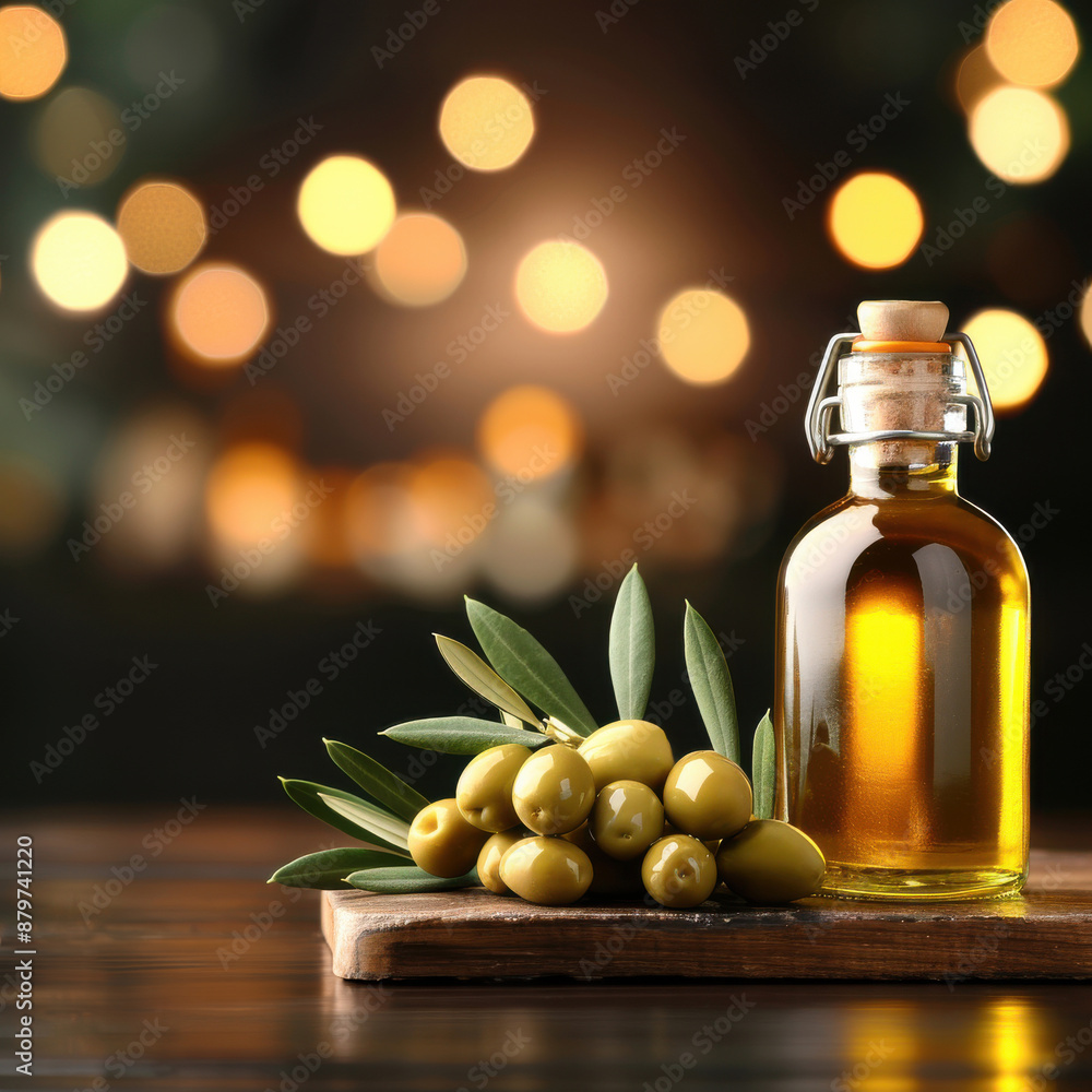A rustic bottle of olive oil with fresh olives on a wooden board against a blurred background of warm, glowing lights. A rustic bottle of olive oil with fresh olives on a wooden board against a blurred background of warm, glowing lights.