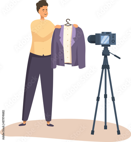 Fashion blogger is showing a suit while recording a video using a camera on a tripod