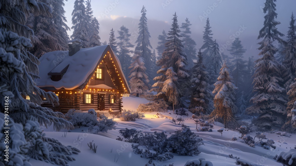 A cozy cabin nestled in a snowy forest, with twinkling lights and a crackling fire A cozy cabin nestled in a snowy forest, with twinkling lights and a crackling fire