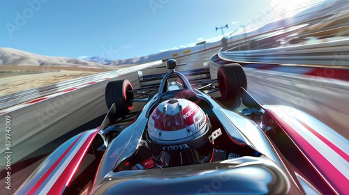 A F1 sport car looking backwards at the driver in the cockpit with a helmet, big smile, vibrant racing suit, and bright colors, Generative AI illustrations. 