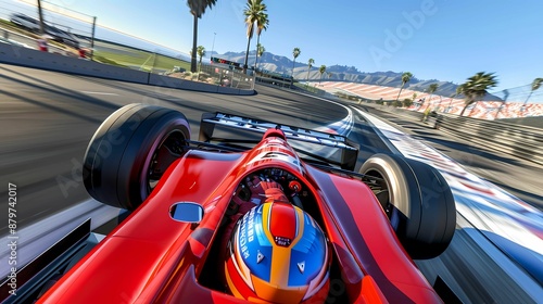 A F1 sport car looking backwards at the driver in the cockpit with a helmet, big smile, vibrant racing suit, and bright colors, Generative AI illustrations. 